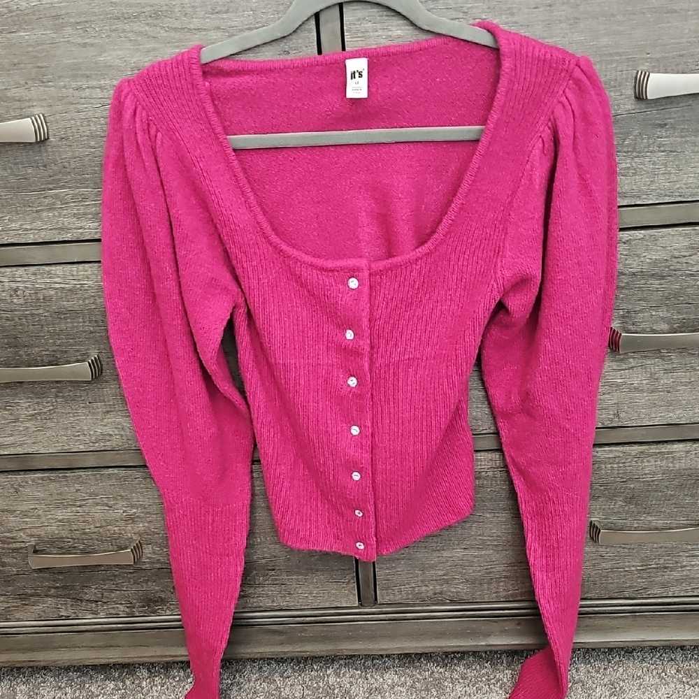Pink Ribbed Button-Up Sweater